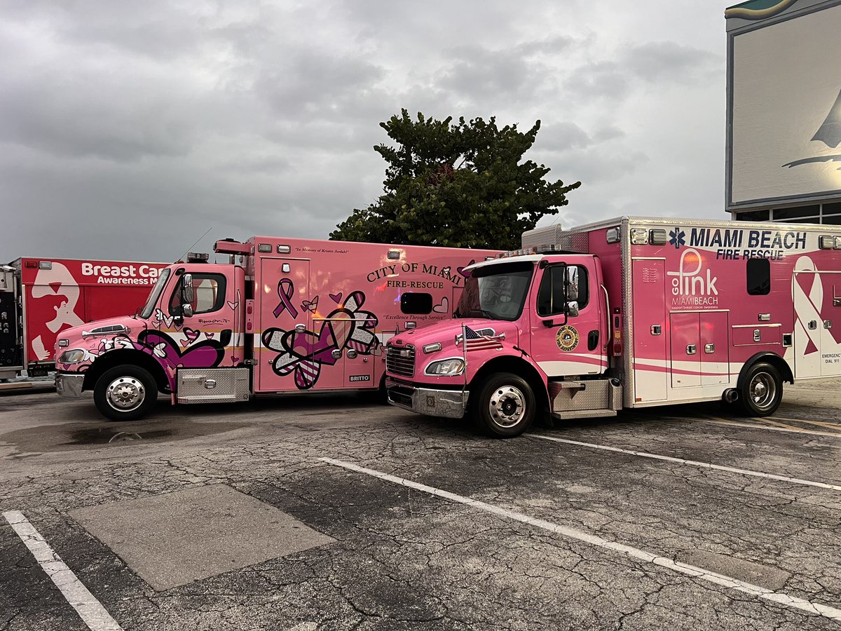 MiamiBeachFire's tweet photo. We were happy to join the Miami-Dade County Association of Chiefs of Police along with law enforcement and fire department agencies across South Florida for a Breast Cancer Awareness photo. 💗 https://t.co/FO1W9I8Zmy