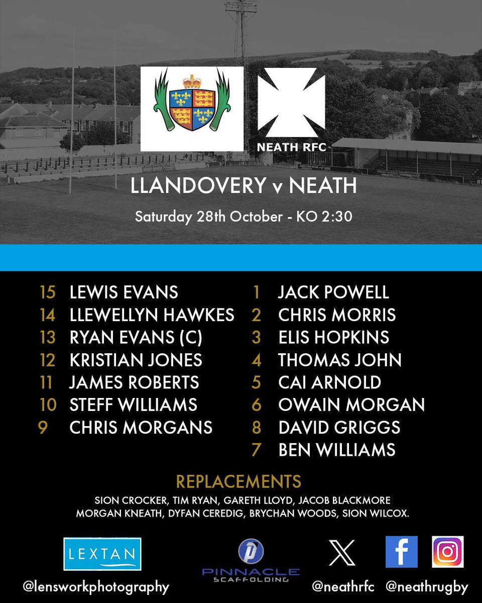 TEAM NEWS: LLANDOVERY v NEATH (AWAY) – SAT’ 28th OCTOBER ⚫️🏉
Neath travel to Llandovery to face “The Drovers” in the Indigo Premiership.
🗓 28.10.23
⏰ 2.30pm KO
📌 Church Bank Playing Fields, SA20 0BA
More:
buff.ly/49cFsfm

#WelshAllBlacks #JoinTheBlackParade