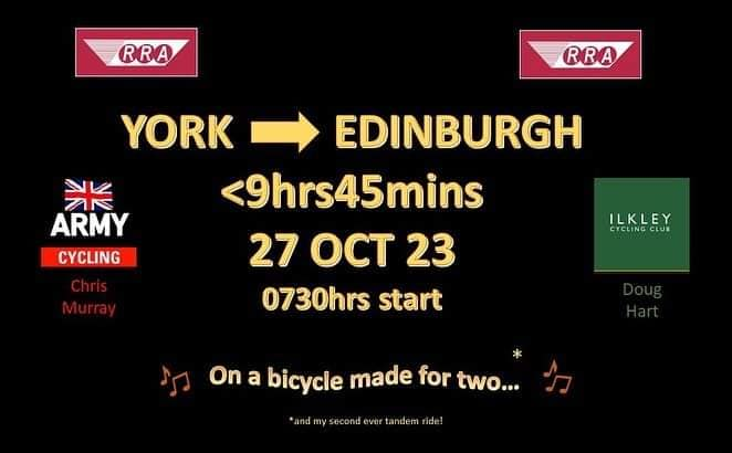 RRA_GB's tweet photo. Tomorrow, October 27, Christina Murray and Doug Hart are making an attempt on the RRA York to Edinburgh Mixed Tandem record. The standard to beat is 9 hr 45 mins, and they depart at 0730. https://t.co/tM6WgZJNNo