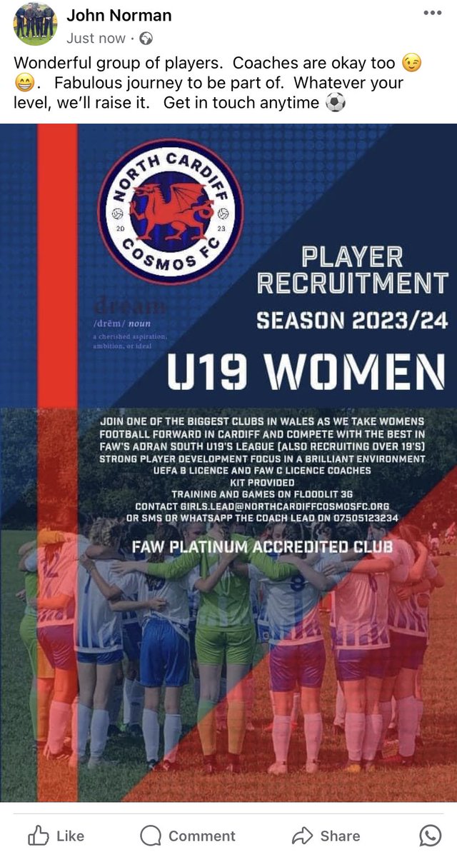 Wonderful group of players.  Coaches are okay too 😉😁.   Fabulous journey to be part of.  Whatever your level, we’ll raise it.   Get in touch anytime ⚽️