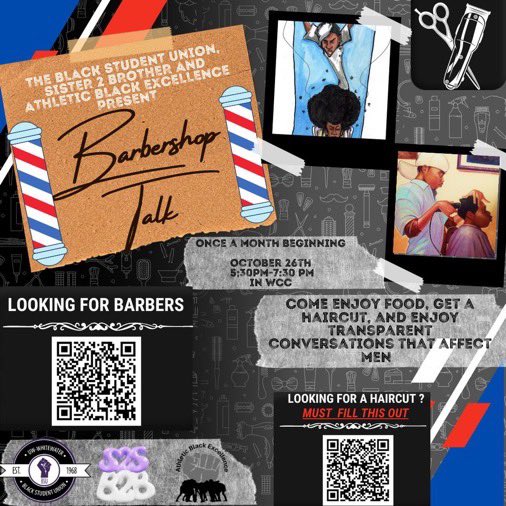 uwwabe1's tweet photo. Tap in to our Barbershop talk in collaboration with the black student union and sister2brother Come enjoy some food, a haircut and candid conversations with your peers at 5:30-7:30pm reoccurring once a month starting this Thursday!(10/26/2023) https://t.co/ql8qdSB4ha