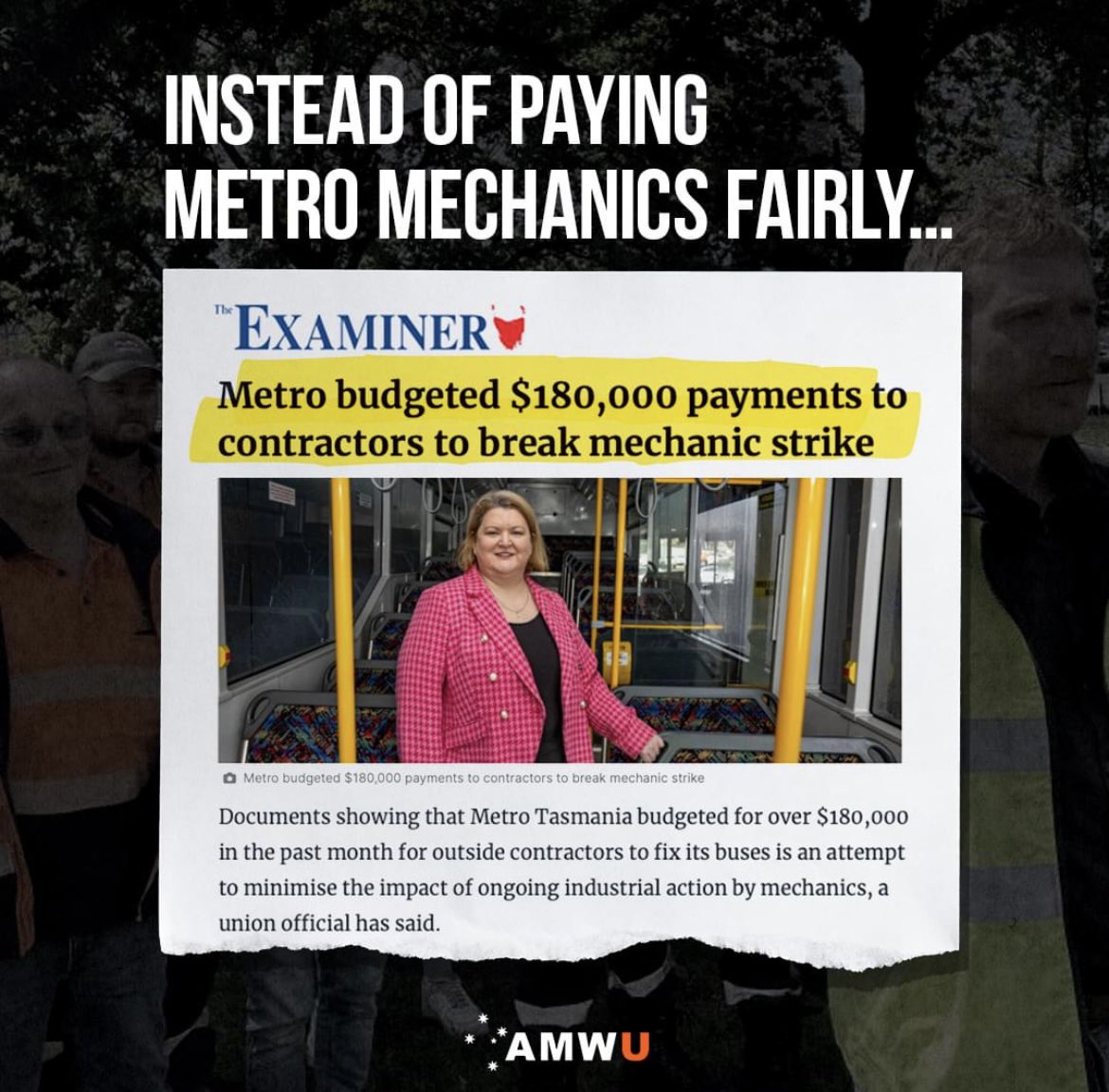 So <a href="/metro_tasmania/">Metro Tasmania</a> finally admitted this month they had $180,000 to spend on a contracted strike-breaking workforce - instead of ensuring wage rates were enough to fill the one-third of vacant mechanic positions.
Isn’t it time the Premier and Minister fixed Metro? #politas