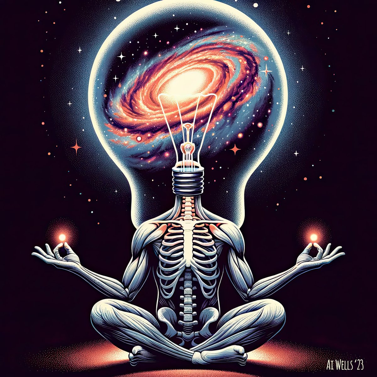 beachtv's tweet photo. What am I? Am I the bulb that carries the light? Or am I the light of which the bulb is a vehicle? 10.26.2023
#BulbOrLight #InnerGalaxy #MysticalMeditation #SoulfulIllumination #BulbBeyondBody #LightVsBulb #LuminescentThoughts #MindAbyss #Dalle3 #Dalle3Art #AiArt #AiAssitedArt https://t.co/FkXZPebTJ5