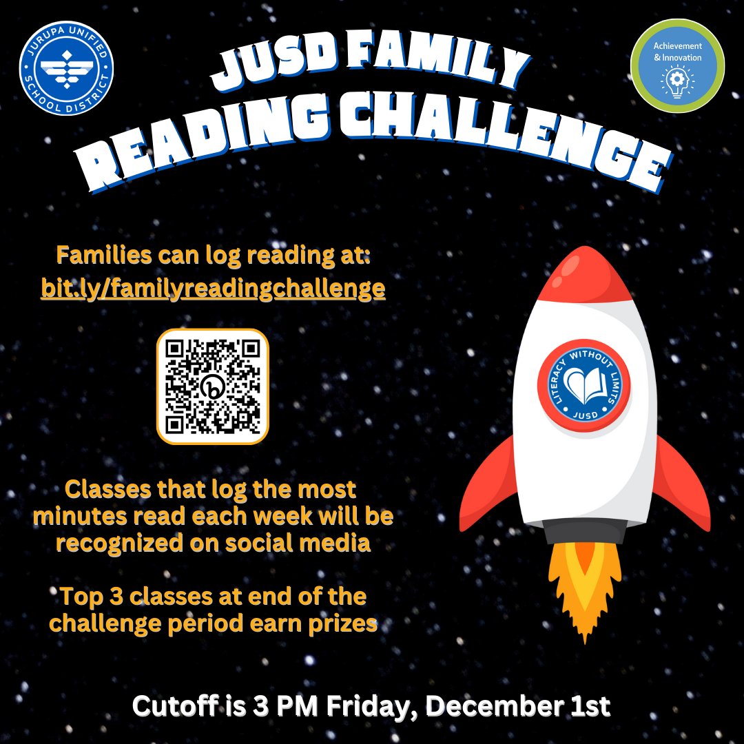 JUSD_Supt's tweet photo. Join the JUSD Reading Challenge for a chance to win some special prizes and be recognized on social media. To join the challenge, elementary school families will log their reading minutes at https://t.co/yjWZ51OlhN.
Happy reading, JUSD!
#LiteracyWithoutLimits https://t.co/OBU7vyi0RV