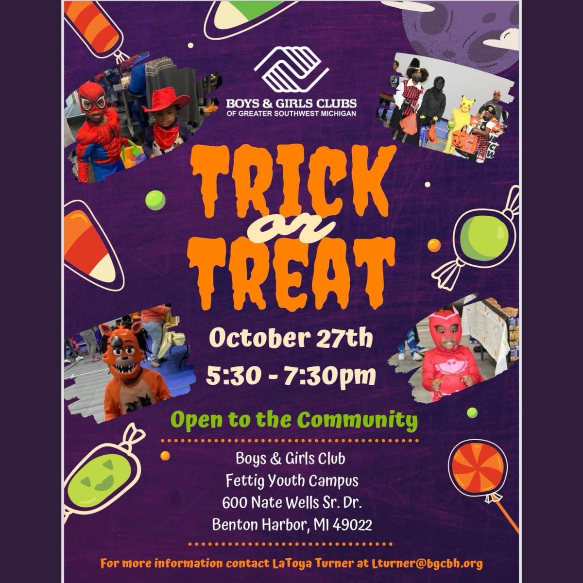 We are so excited for Boys and Girls Club's Trick or Treat event tomorrow!

Drop In Center will close at 4:30, we hope to see you there! 🍬🎃🍫