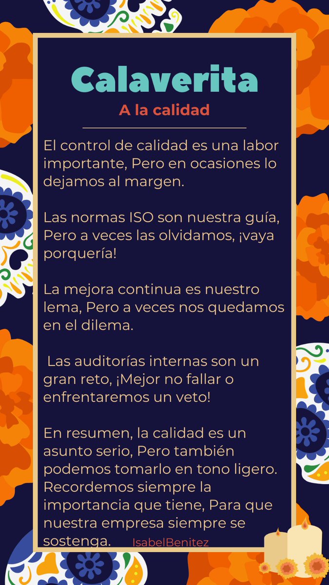 La calidad es importante para conformar un producto o servicio, que hacen que sea agradable para los consumidores.
#Calaverita 
#calidad
<a href="/mapachestec/">@MAPACHESTec</a>
<a href="/omaralpuche/">omar alpuche leal</a>