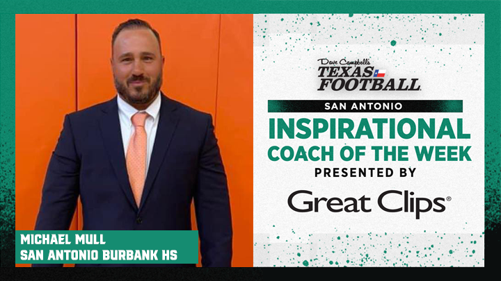 dctf's tweet photo. Congratulations San Antonio Burbank High School’s Coach Michael Mull for being named our Week 9 San Antonio Inspirational Coach of the Week presented by @GreatClips @SAISDBurbankHS 
#dctf #txhsfb 
https://t.co/tny8ycYfBz? https://t.co/NoTi5TWQwB