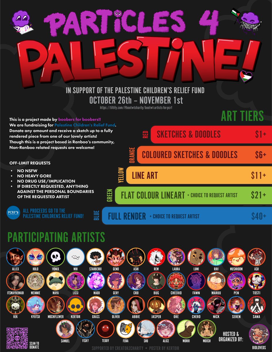 HELLO! I'm hosting #Particles4Palestine, a project in collaboration with 40+ artists from October 26th to November 1st. All proceeds go towards the Palestine Children's Relief Fund (PCRF)! Any donation amount from $1+ will get you something! Link in replies! 👾🇵🇸