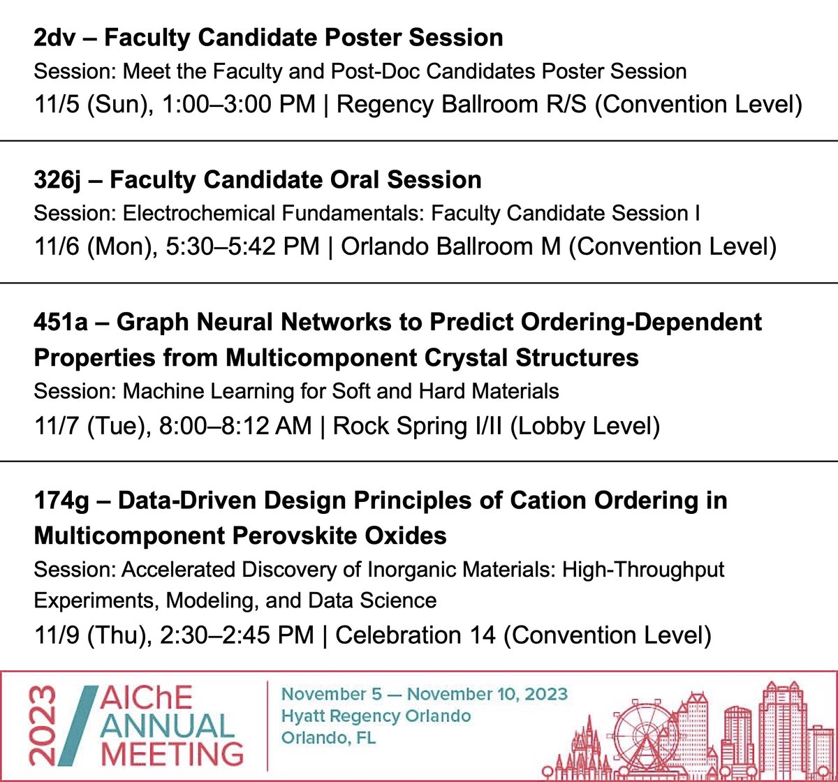 I’ll be at the #AIChE2023 #AIChEAnnual meeting to present my faculty candidate poster (2dv) and faculty candidate talk (326j), plus two technical talks (451a and 174g). Ping/email me (jypeng@mit.edu) if you want to hear more about my future research group! aiche.confex.com/aiche/2023/mee…