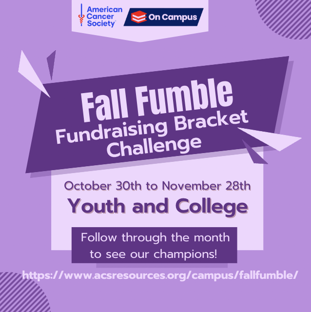 campusrelay's tweet photo. Get ready for FALL FUMBLE! Congrats to the top 32 colleges and 16 youth events who qualified for this challenge. From Oct 30th to Nov 28th, these colleges and youth events will go head-to-head fundraising.

$1 fundraised = 1 point. Points will reset each week. Good luck! https://t.co/88erVb7kfQ