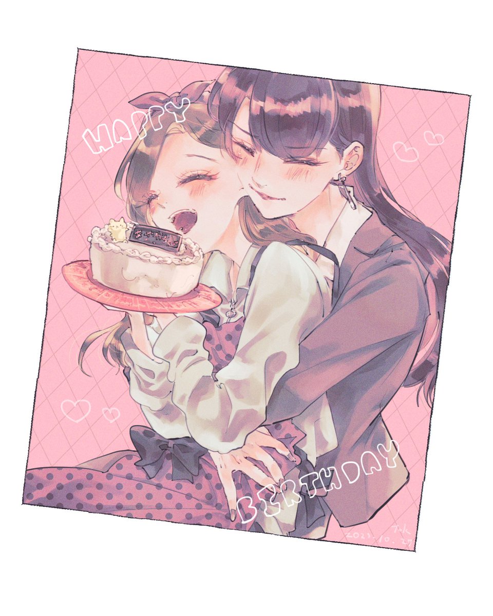 multiple girls 2girls food hug closed eyes yuri cake  illustration images