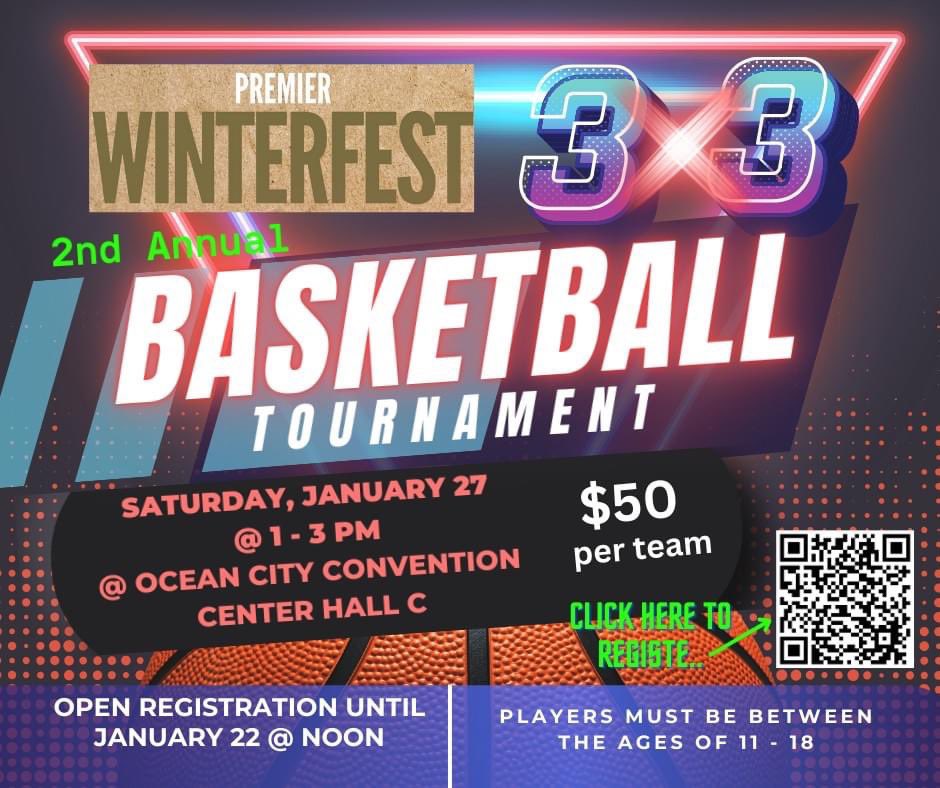 PremierWFOC's tweet photo. Premier Winterfest 2nd Annual 3v3 Basketball Tournament, January 27, 2024 @ 1 - 3 PM. Ocean City Convention Center Hall C.  $50 per team entry fee.

Click here to download Tournament Rules &amp; Regulations:
https://t.co/hoJZ48SdEY

Register here:  https://t.co/u6g60E2eov https://t.co/KGOwCWdDdR