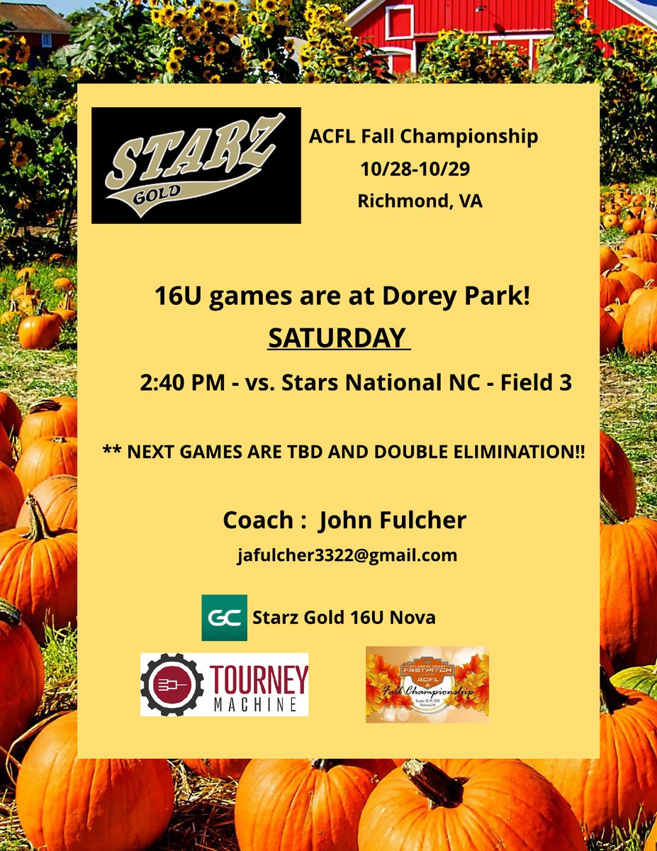 1st DRY weekend in a while and warm temps. BONUS!  Not a bad way to spend a beautiful Fall weekend in Richmond!  See you there.<a href="/18uStarz/">Starz 18u Gold</a> <a href="/2027StarzNat/">Starz Gold 2027 National</a> <a href="/EllisStarz/">Starz Gold Ellis</a> <a href="/thealliancefp/">The Alliance Fastpitch</a> <a href="/MarymountSball/">Marymount Softball</a> <a href="/CoachKeithParr/">Keith Parr</a> <a href="/HoyaSoftball/">Georgetown Softball</a> <a href="/GW_Softball/">GW Softball</a> <a href="/jmrw20/">Justin Walker</a> <a href="/RoanokeSoftball/">RoanokeSoftball</a> <a href="/SURamsSoftball/">Shepherd Softball</a>...