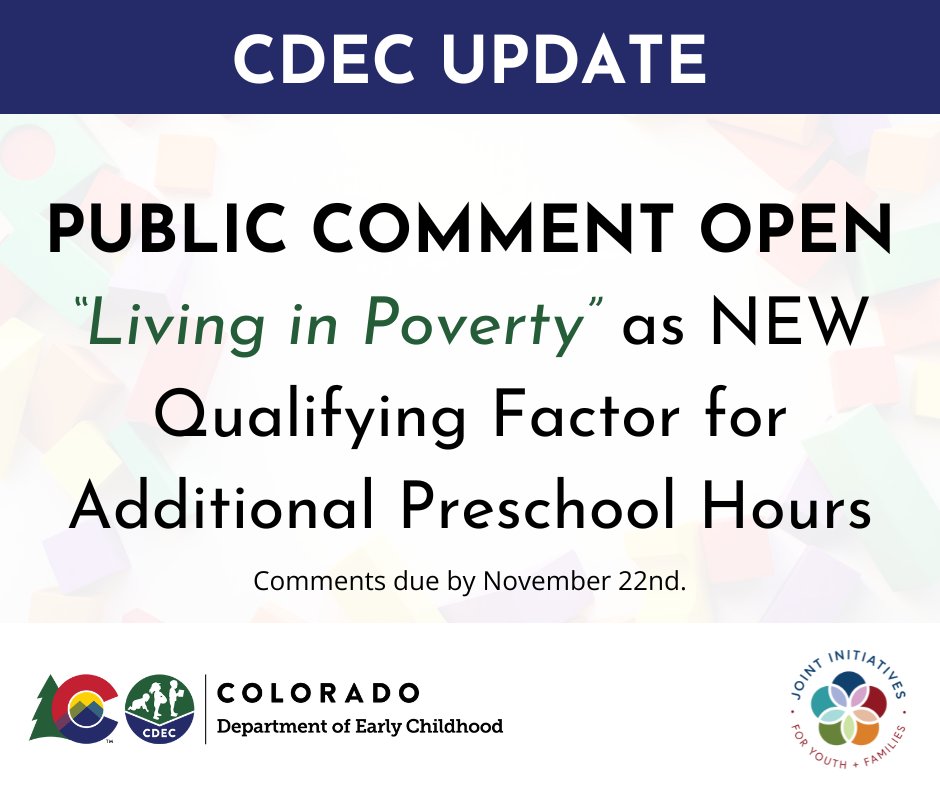 A new emergency rule is being considered to increase eligibility for additional UPK hours. The CDEC invites public comment on “living in poverty” as a new qualifying factor for eligibility by November 22nd. 
Learn more and comment here: bit.ly/3MgT938