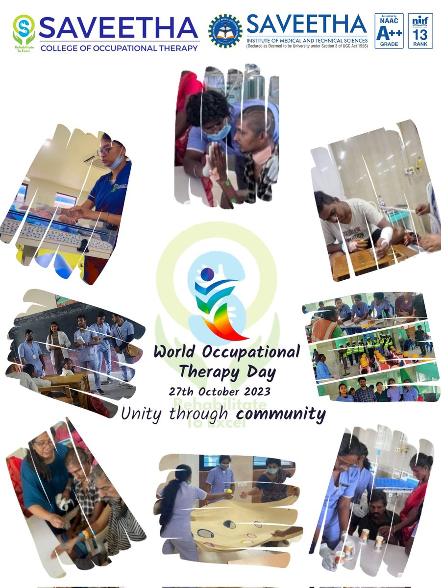 scot_simats's tweet image. Greetings to all,SAVEETHA COLLEGE OF OCCUPATIONAL THERAPY proudly celebrating "WORLD OCCUPATIONAL THERAPY DAY" on 27 th oct 2023 on the theme " UNITY THROUGH COMMUNITY ".
#wfot #OTMonth #aiota #IQAC #scot #occupationaltherapy #otday #simats