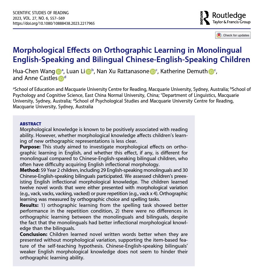 MQ Linguistics (@mqlinguistics) on Twitter photo "Morphological Effects on Orthographic Learning in Monolingual English-Speaking and Bilingual Chinese-English-Speaking Children" by <a href="/cllmq/">Child Language Lab MQ</a> <a href="/CLaSMQ/">Centre for Language Sciences MQ</a> <a href="/NanXuRattanason/">Nan Xu Rattanasone 徐囡</a> and Katherine Demuth doi.org/10.1080/108884… Read more about Nan's research here > researchers.mq.edu.au/en/persons/nan… "Morphological Effects on Orthographic Learning in Monolingual English-Speaking and Bilingual Chinese-English-Speaking Children" by <a href="/cllmq/">Child Language Lab MQ</a> <a href="/CLaSMQ/">Centre for Language Sciences MQ</a> <a href="/NanXuRattanason/">Nan Xu Rattanasone 徐囡</a> and Katherine Demuth doi.org/10.1080/108884… Read more about Nan's research here > researchers.mq.edu.au/en/persons/nan…