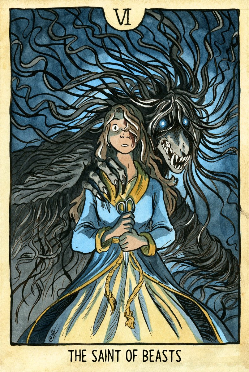 Spoilers for Deephaven. 

This was a painting I did when first drafting the novel. Even though the book is mostly prose, working on "concept" art helped me firm up the tone and characters in my head. Note how the numeral corresponds to the tarot.