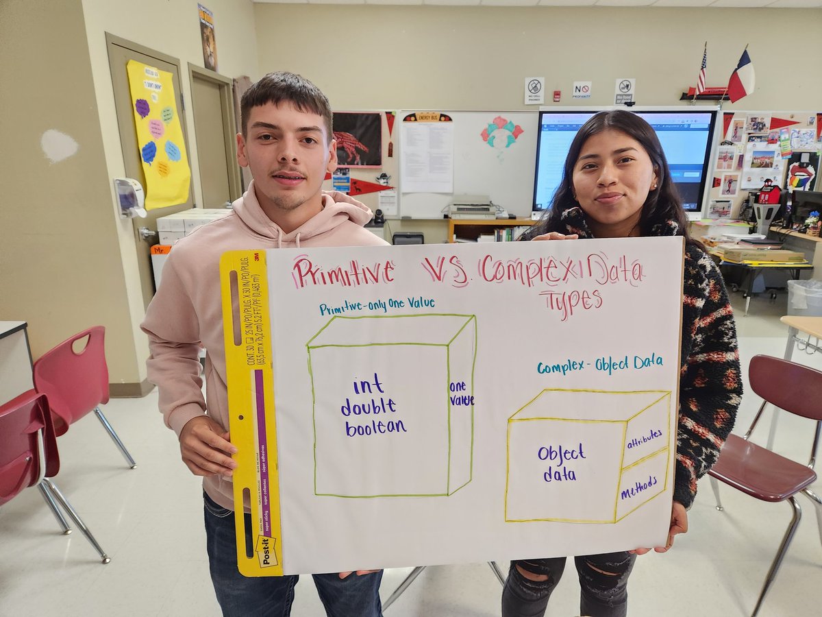 JoseLSilvaSmith's tweet image. THS AP Computer Science A students learning about Objects &amp;amp; Primitive vs. Complex Data Types. Key concepts when learning Java! Yay! ❤️👍😀 #TISDProud #UTeachCS