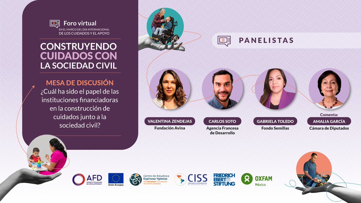 ceeymx's tweet photo. Mesa 3. ¿Cuál ha sido el papel de las instituciones financiadoras en la construcción de cuidados junto a la sociedad civil?

Participan: @Valentinazen de @FundacionAVINA; @CarlosSotoAFD de @AFD_en; Gabriela Toledo de @FondoSemillas y @amaliagarciamx de la @Mx_Diputados 

📹https://t.co/wnl5P27nKB
