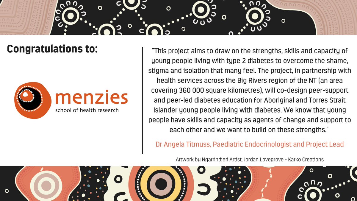 Congratulations to <a href="/MenziesResearch/">Menzies Research</a> in NT, developing innovative peer-support and peer-led education for Aboriginal and Torres Strait Islander youth living with type 2 diabetes in the Big Rivers region of the Northern Territory.🧵3/9  ▶️bit.ly/45MShdu