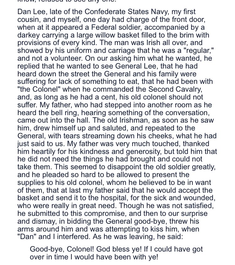 General Lee’s son recounts a time after the war when an Irishman in the Union army paid a visit. This man had served with Lee when he was a colonel before the war.

(Lee’s son as a boy was trained to ride by another Irishman, Jim Connally).
