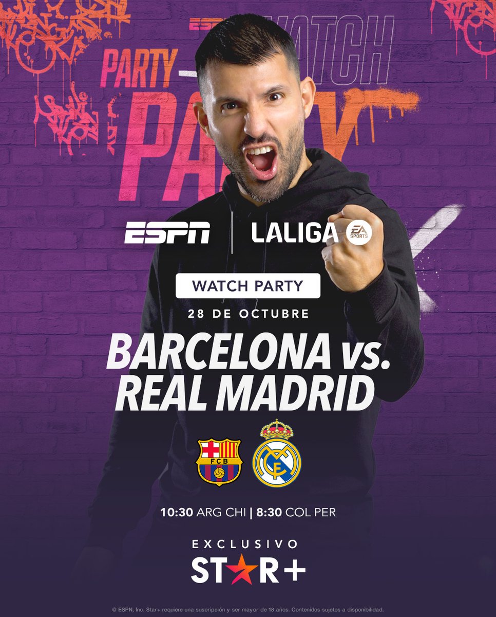 ESPNUruguay's tweet photo. 😍🔥 ¡VUELVE EL WATCH PARTY MÁS FAMOSO! Este #SuperFinde no te pierdas al Kun reaccionando a Barcelona vs. Real Madrid y al clásico de Manchester, EN VIVO Y EN EXCLUSIVA por #StarPlusLA. https://t.co/QIXaEiWq9Q