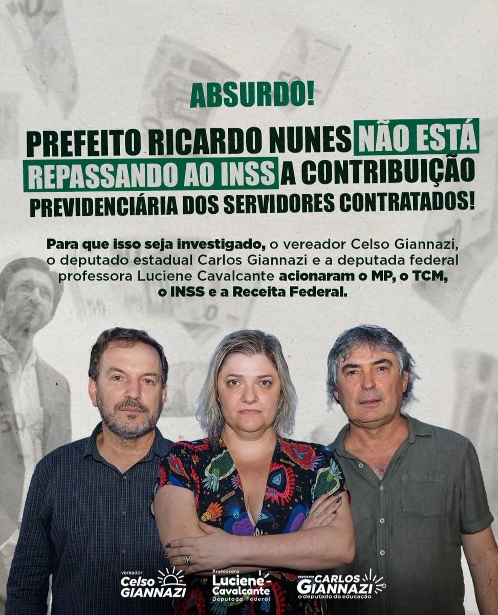 <a href="/parasamuel/">Samuel Felix🚩</a> <a href="/Dry_ie/">Drica 🚩🚩</a> <a href="/LulaOficial/">Lula</a> <a href="/LulaPTnosTrends/">Lula PT nos Trends</a> <a href="/Alice_inland13/">Alice</a> <a href="/ptbrasil/">PT Brasil</a> <a href="/borgescm/">Borges do PT</a> <a href="/MaluNogueiraPT/">Malu Nogueira PT🚩</a> <a href="/neylopesmachado/">NEY 🚩⭐</a> <a href="/SamiDog15/">Simone Avila & Sami Dog 🚩</a> <a href="/InesNasciment12/">Ines Nascimento</a> <a href="/Marcelusbraga7/">marcelus comunista Braga</a> <a href="/TaniaRegina68/">Tania Regina</a> Aposentados PMSP querem: Pref. Ricardo Nunes, fim dos descontos previdenciários e devolução da dignidade.
<a href="/ricardo_nunessp/">Ricardo Nunes</a>
<a href="/camarasaopaulo/">camarasaopaulo</a>
<a href="/marlonluz/">Marlon Luz</a>
<a href="/m_messiassp/">Marcelo Messias</a>
<a href="/MiltonLeiteSP/">MiltonLeite.SP</a>
<a href="/veramagalhaes/">Vera Magalhaes</a>
👇
#DesesperoRicardoNunes
Ijk