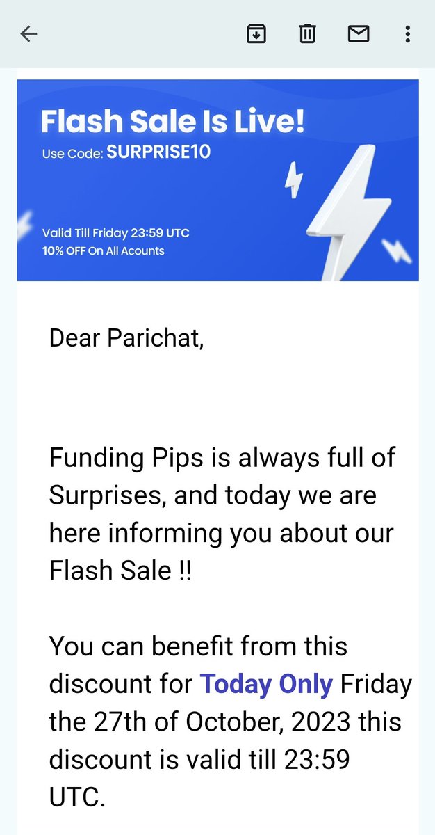 parichat's tweet image. โค้ดส่วนลดกองทุน Funding Pips ลด 10 % วันนี้วันเดียว (ศุกร์ที่ 27 ตุลาคม 2023)
ใช้ Code : SURPRISE10
มาเป็นนักเทรดกองทุนกันเถอะ
#propfirmtrader
สมัครลิงค์นี้ได้เลยค่ะ
app.fundingpips.com/register?ref=a…