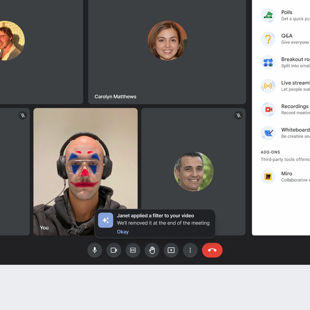 Google Meet option to apply filters to your coworkers videos