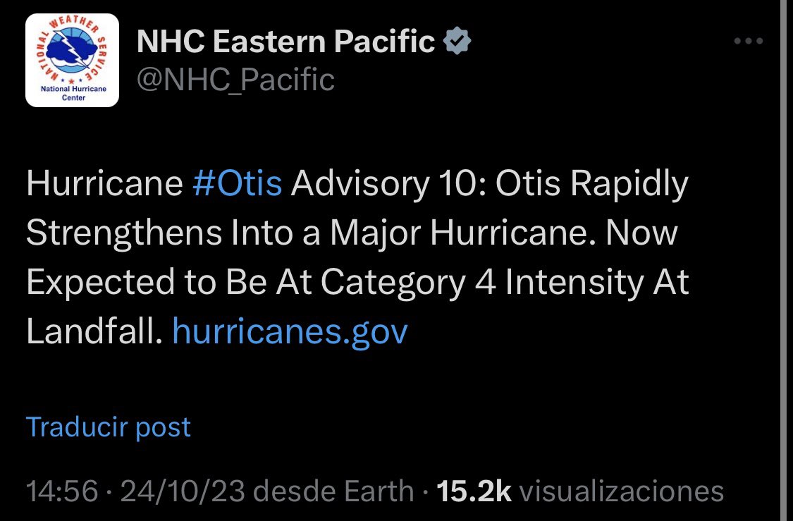 armando3pc69's tweet photo. No digas mentiras Clau🤐

22 oct 8:40pm
Otis llegará al sur de México
52 hr antes de tocar tierra

23 oct 8:44am
Se acerca a México tomando fuerza
40 hr antes

23 oct 5:48pm
Se espera la fuerza de un huracán
31 hr antes

24 oct 2:56pm
Se espera un huracán categoría 4
10 hr  antes https://t.co/Bj7PJJU2ZS