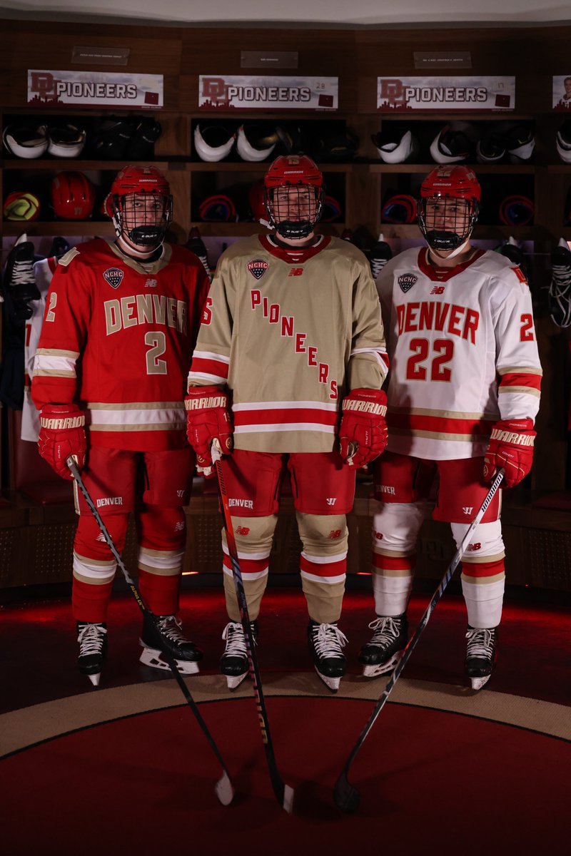 All three of Denver's jerseys will be available for purchase this weekend at the <a href="/UofDenver/">University of Denver</a> Bookstore &amp; on game day at Magness Arena.

This 🔴🟡⚪️ combo 🔥🔥🔥. Get one of each.

#GoPios