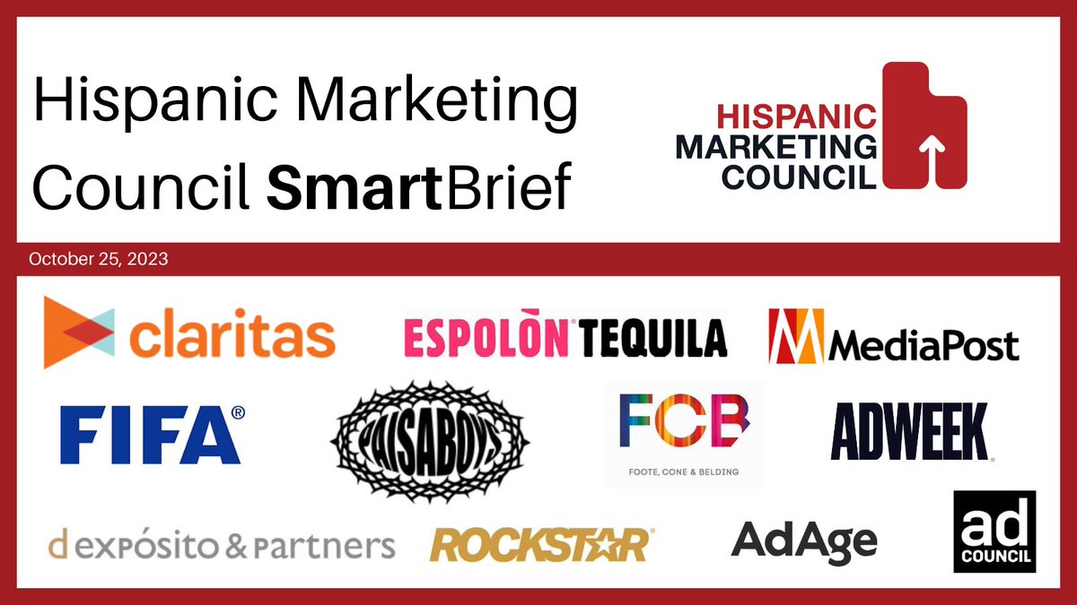 hmchispanic's tweet photo. ICYMI, our #SmartBrief featured news from @Claritas2_0, @paisaboys, @EspolonTequila, @FIFAcom, @FCBglobal, @AdCouncil, @rockstarenergy, @dexandpartners &amp; more in @MediaPost, @Adweek &amp; @adage. https://t.co/2fnYEH23ne #hispanicmarketing https://t.co/mg8dKRlYM0