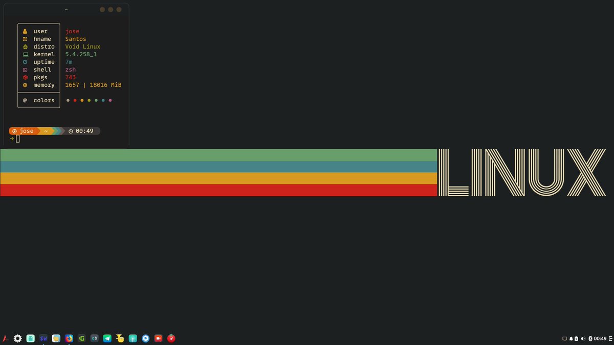 OsAgarim's tweet photo. Para este #ViernesdeEscritorio comparto una captura con el esquema de colores #Gruvbox. Es una personalización en la que quedan un par de cosas por afinar. El fetch que se muestra se llama #nitch
https://t.co/Yy6eBXXNBS https://t.co/GiZeSkfDff