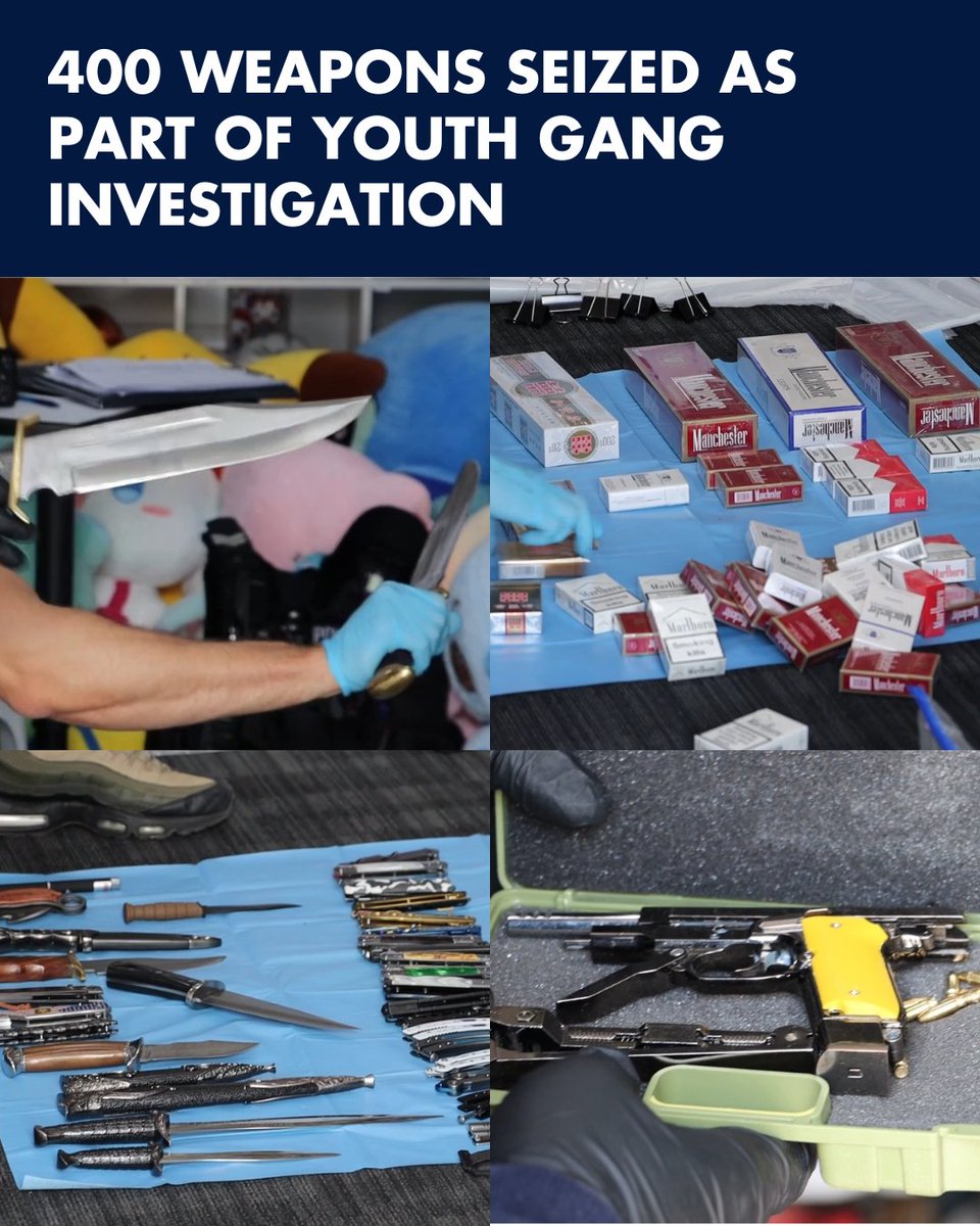 Police have seized more than 400 prohibited weapons, including samurai swords, zombie knives and butterfly knives, as part of investigation into youth gangs in Melbourne’s southeast. Details: police.vic.gov.au/police-seize-4…