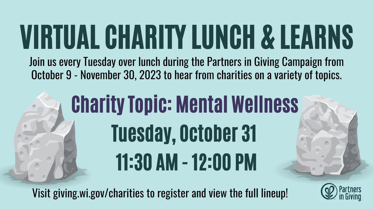 Have you joined us for a #PartnersInGiving Virtual Charity Lunch &amp; Learn yet? Here’s your reminder to register for next Tuesday’s topic of Mental Wellness and all future sessions at giving.wi.gov/charities! #WIGives