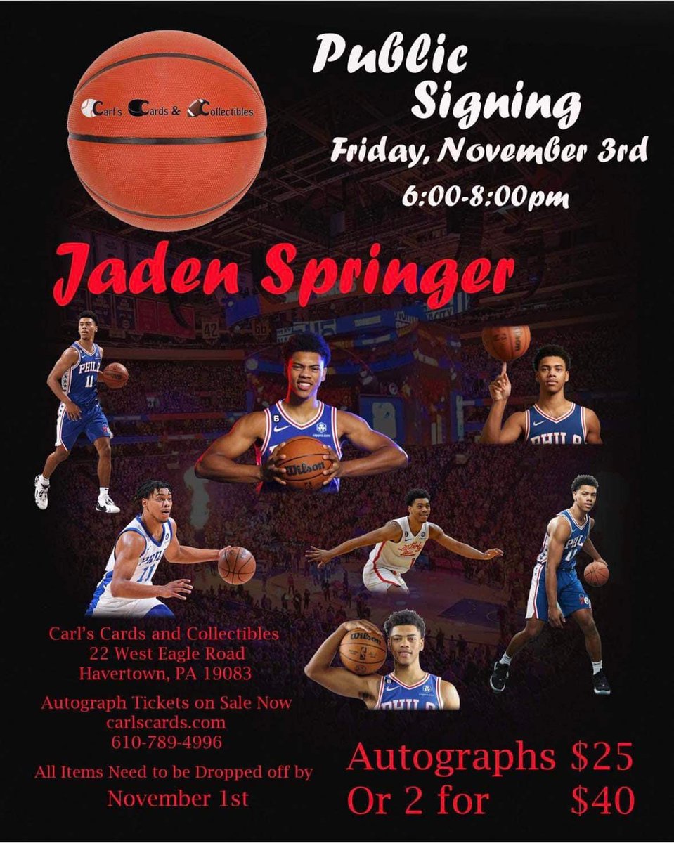 carlscards's tweet photo. We’re giving away an autograph ticket to our upcoming Jaden Springer signing on our Facebook page right now! Head over there for your chance to win 💥🏀
#Sixers #seasonopener #basketball #JadenSpringer #NBA https://t.co/aZUF61tyFs