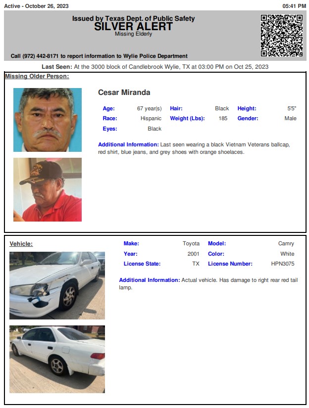 TX_Alerts's tweet photo. ACTIVE SILVER ALERT for Cesar Miranda from Wylie, TX, on 10/26/2023,TX plate HPN3075 https://t.co/AmrR0xoXB7