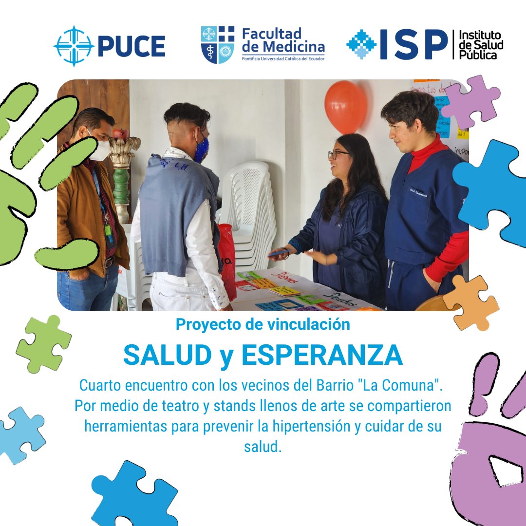 IspPuce's tweet photo. Nuestros chicos de la
@FACULTADDMEDICI
del Proyecto de Vinculación "Salud y Esperanza" compartieron con los vecinos del Barrio "La Comuna" sobre la #prevención de la #HIPERTENSIÓN y el cuidado de su salud.
@PUCE_Ecuador
Novedades de nuestro proyecto en RRSS como:
@IspPuce https://t.co/bsAN8x4zMy