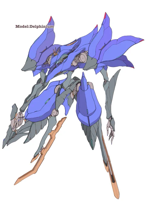 億年ぶりお花ロボット新作デルフィニウムのお花ロボット考えた〜蕾がイルカの様に見えた事からこの名が付けられたとか和名は大飛燕草と呼ばれ、その大きな花弁がツバメの飛ぶ姿に見られたそうですよ戦友っぽくしました(小声 
