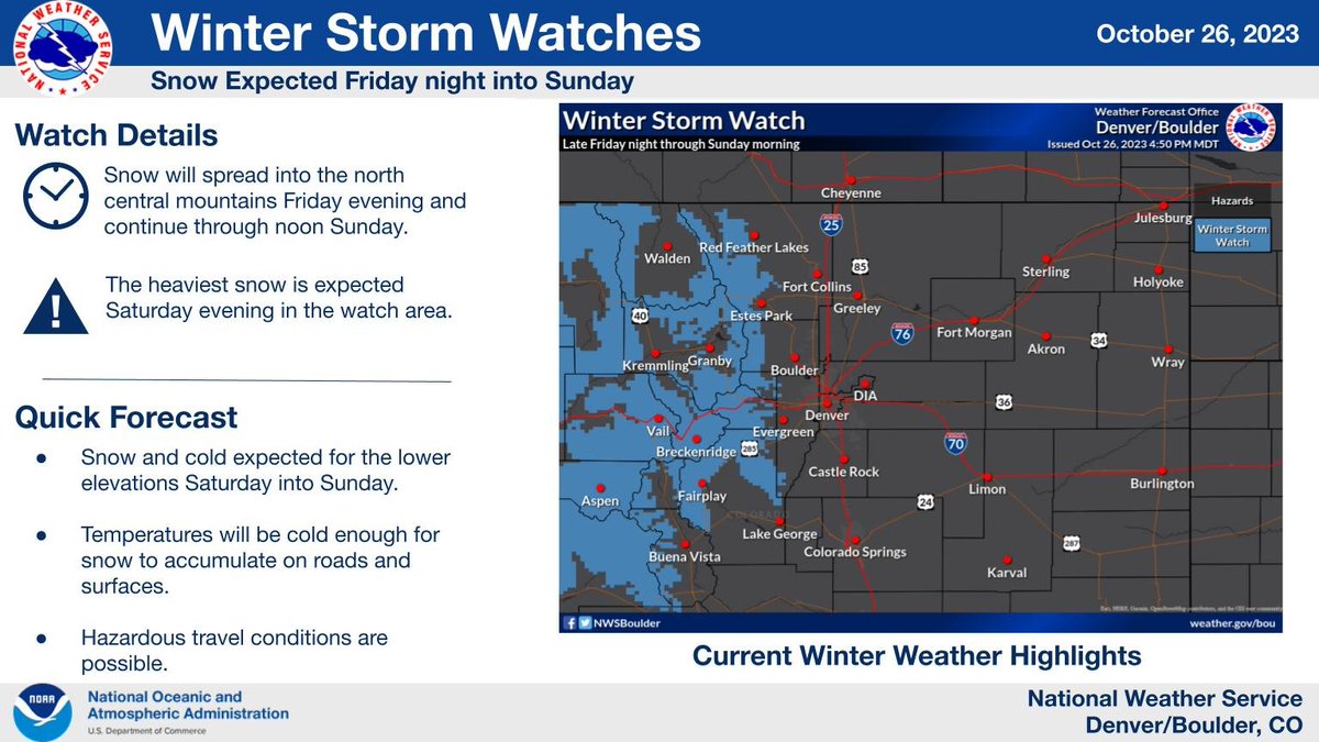 NWSBoulder's tweet photo. A Winter Storm Watch is in effect for the north central mountains from Friday night through noon Sunday. Much of north central and northeast Colorado will see snow Saturday into Sunday. #cowx https://t.co/pMSr1vFgDD