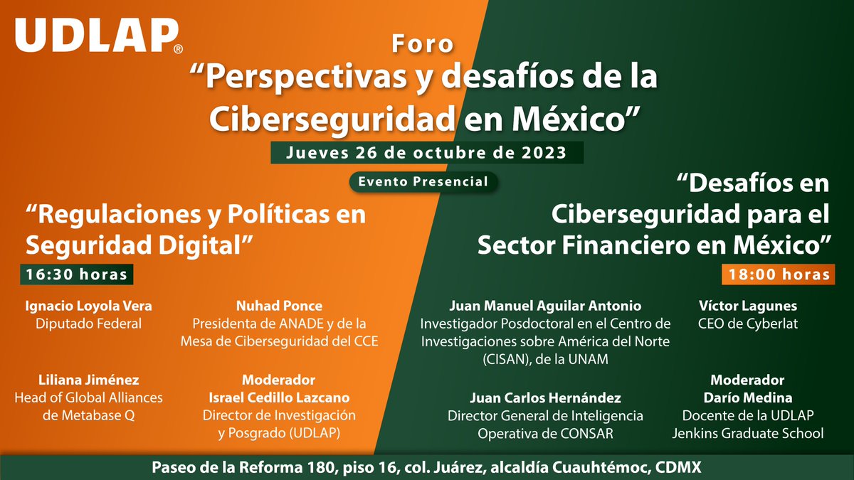udlap's tweet photo. Si no pudiste acompañarnos en la este foro en CDMX, te invitamos a revisar la transmisión del diálogo "Regulaciones y políticas en seguridad digital".
#UDLAPConecta
https://t.co/s5whHI5vPt https://t.co/RKANdY4XZf