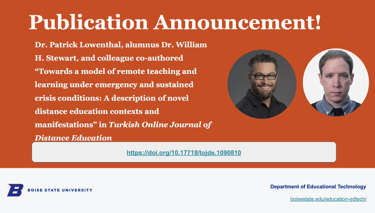 EDTECH@Boise State (@edtechbsu) on Twitter photo Dr. Patrick Lowenthal <a href="/plowenthal/">Patrick Lowenthal</a>, alumnus Dr. William H. Stewart, and colleague co-authored “Towards a model of remote teaching and learning under emergency and sustained crisis conditions..." doi.org/10.17718/tojde… <a href="/edtechbsu/">EDTECH@Boise State</a> #Edtech <a href="/OnlineBoise/">Boise State Online</a> Dr. Patrick Lowenthal <a href="/plowenthal/">Patrick Lowenthal</a>, alumnus Dr. William H. Stewart, and colleague co-authored “Towards a model of remote teaching and learning under emergency and sustained crisis conditions..." doi.org/10.17718/tojde… <a href="/edtechbsu/">EDTECH@Boise State</a> #Edtech <a href="/OnlineBoise/">Boise State Online</a>