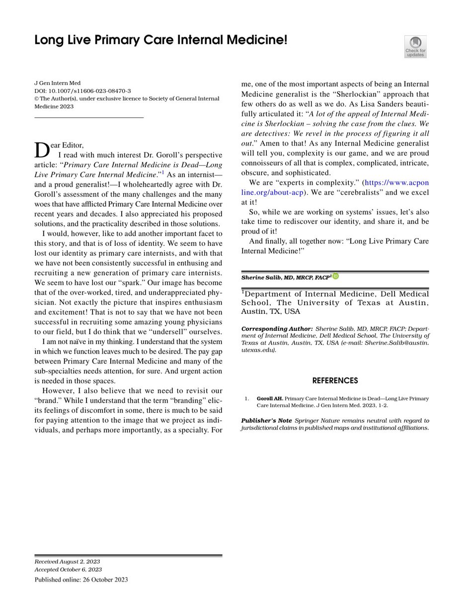 Happy to share my <a href="/JournalGIM/">JGIM Journal of General Internal Medicine</a> letter:

As internists, complexity is our game. We are proud connoisseurs of all that is complex, complicated, intricate, obscure, and sophisticated.

We are experts in complexity.

We are “cerebralists” &amp; we excel at it!

Long live primary care IM!