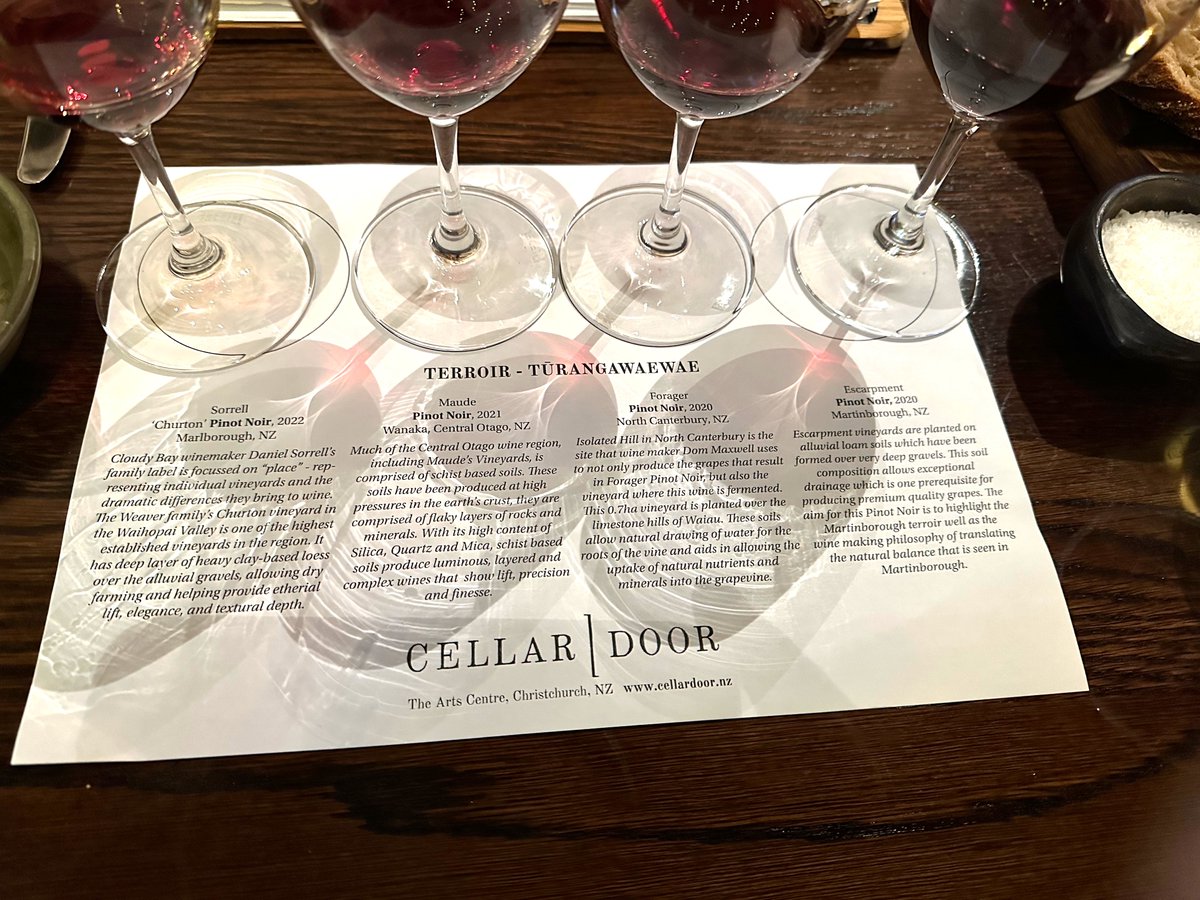 #pinotnoir #nzpinot #winetasting #insidewinesb We enjoyed a flight of New Zealand pinot at Cellar Door in Christchurch. Very different than our #santabarbara #pinot as they had incisive acidity and less fruit forward
