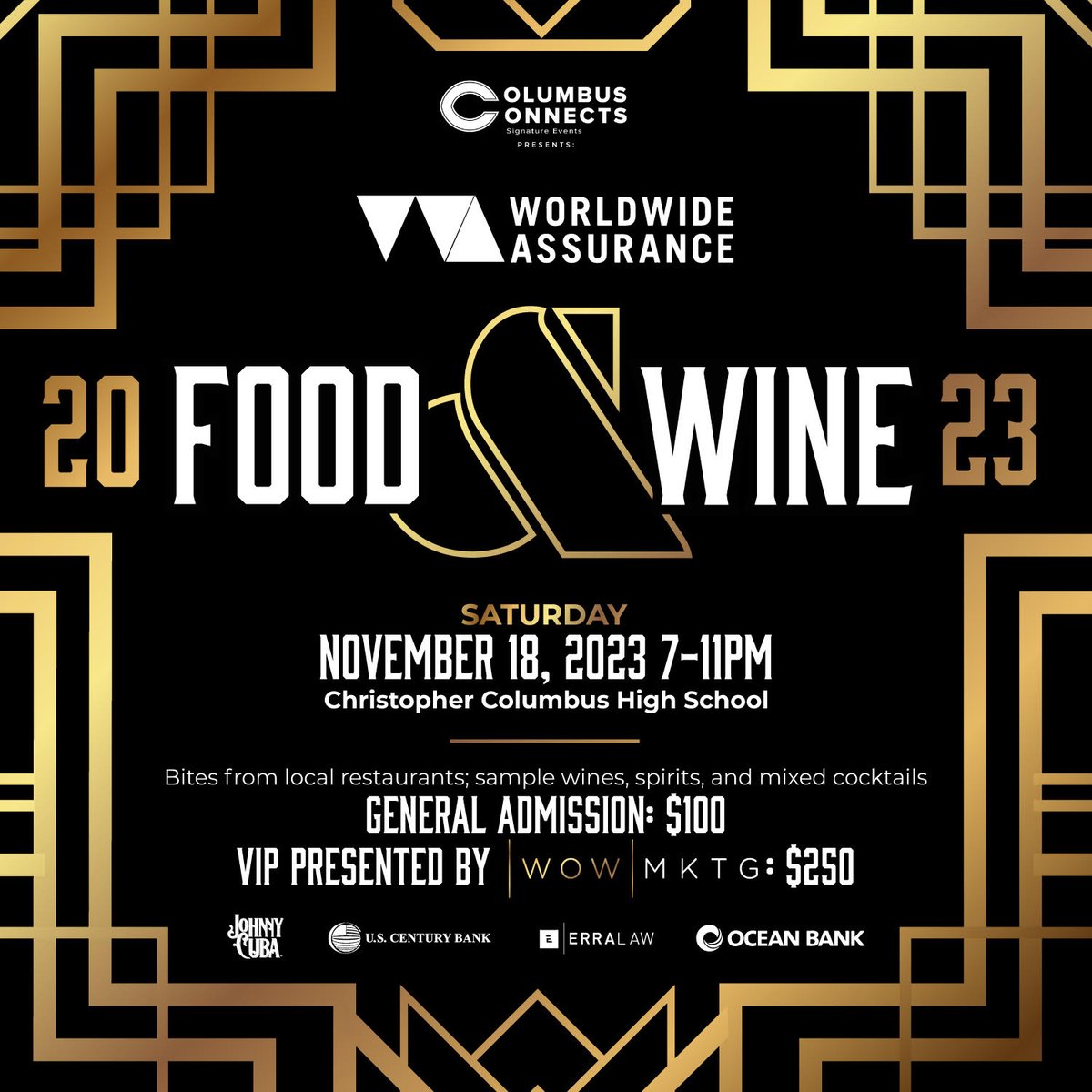 Columbus_Alumni's tweet photo. Prepare to savor the world's flavors at the Worldwide Assurance Food &amp; Wine Event! Join us for an unforgettable culinary journey presented by WOW MKTG. Secure your VIP tickets for $250 or opt for regular tickets starting at just $100 ⇒ https://t.co/lD4rWeOuQe. #CPride #Adelante https://t.co/fnPhP6FM11