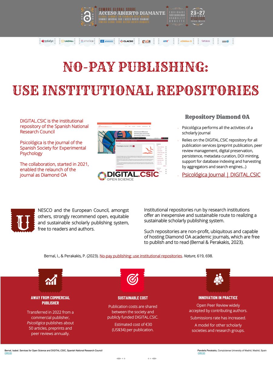 Our poster for the #DiamondOASummit in #Toluca showcases a sustainable route towards #DiamondOA, leveraging the existing infrastructure of Institutional Repositories. 

Also check our letter to <a href="/Nature/">nature</a> and let us know your thoughts!

👉 doi.org/10.1038/d41586…

#act4diamondOA