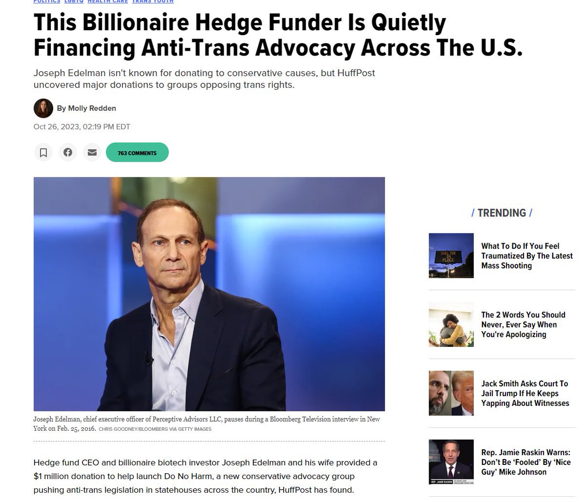 Intriguing piece that just dropped on HuffPost. A billionaire by the name of Joseph Edelman appears to be responsible for almost the entirety of the Do No Harm group behind many anti-trans bills. He's also apparently funding the Manhattan Institute's gender program.