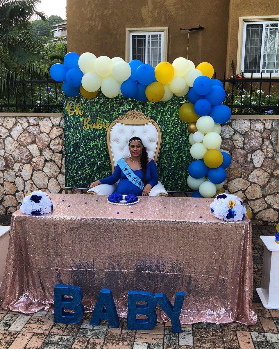 The joy when a queen carries a prince.  Baby prince baby shower. #babyshower #itsaboy #boybabyshower #babyshowerdecor #babyprince #balloongarland #jamaicaneventplanner #royalbluebabyshower