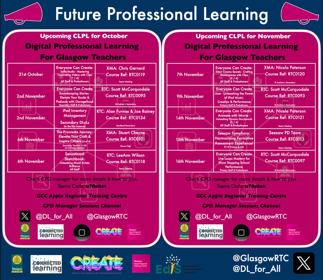 GlasgowRTC's tweet image. 📢Your Fri Night CLPL🥡minus the🤮! Nxt wk #EveryoneCanCreate events! With the very talented👉 @cgerrard02 &amp;amp; #iMovie📹along with musical maestro @STARCSmusic🎸&amp;amp; #GarageBand🥁&amp;amp; Podcasts🎙️And finally @allsaintsrcsec &amp;amp; @HyndlandSec DLoLs with iPad Inventory📲 @EdISGlasgow #AppleRTC