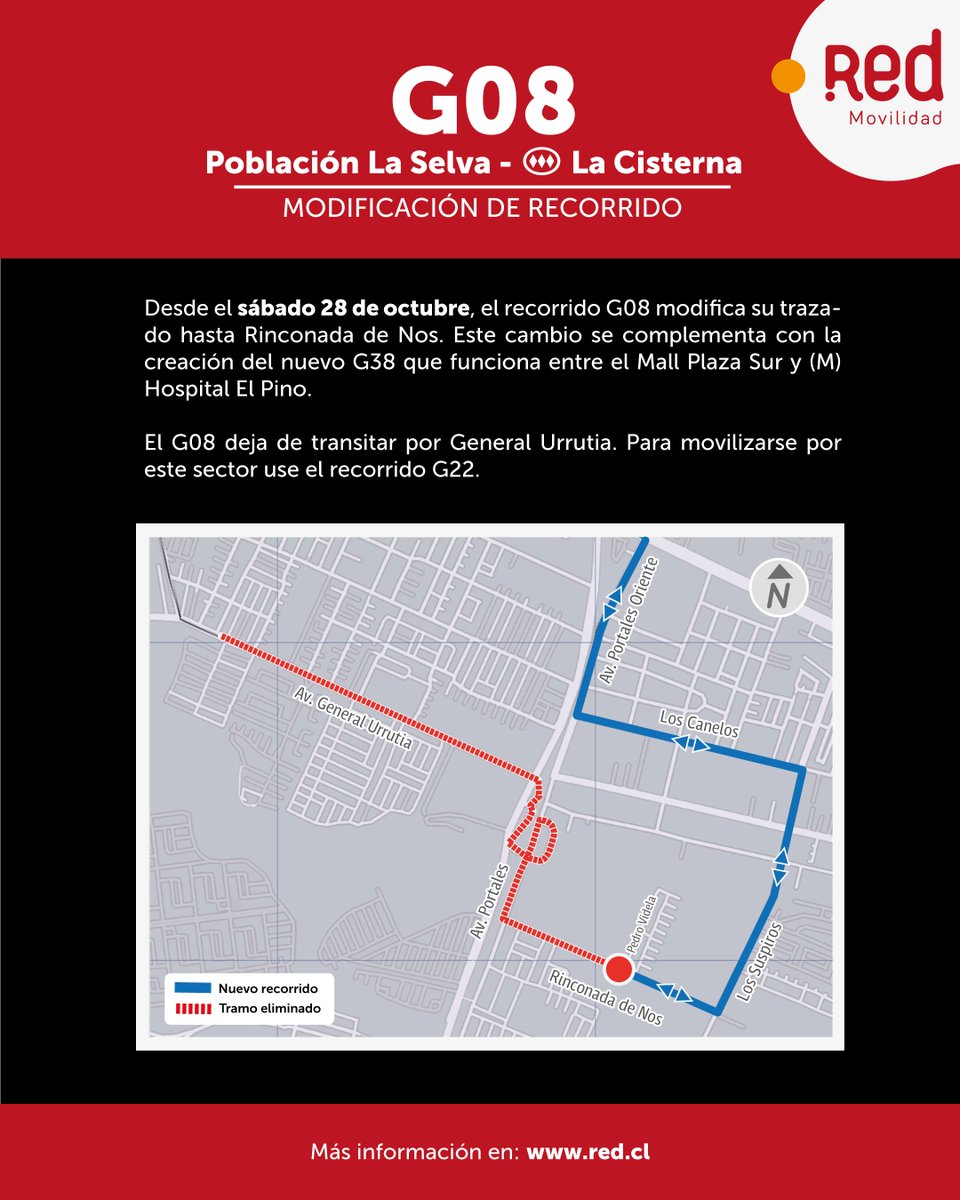 Red_Movilidad's tweet photo. @SanBernardocl @metrodesantiago 📢 Cambios de ruta en @SanBernardocl
🧐Desde este sábado 28 de oct. los recorridos🚍G08 y 🚍G22 #modifican su trazado aumentando la cobertura en la zona sur de Santiago #AvanzamosContigo.
📌Detalles aquí https://t.co/RqDDpPtxvS https://t.co/6Cq6qi9mRu